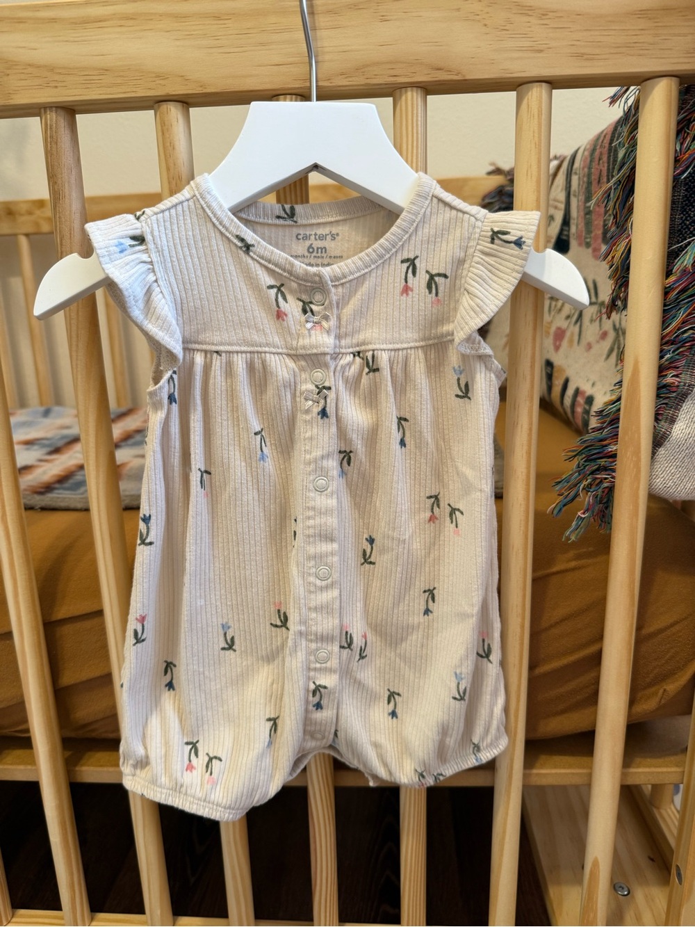 Carter's Cream Ribbed Floral Snap-Front Romper with Pink and Green Accents